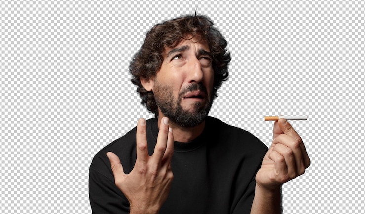 Free PSD young bearded crazy man with a cigarette