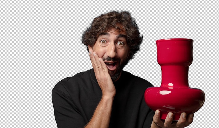 मुफ़्त PSD young bearded crazy man with an empty flower pot