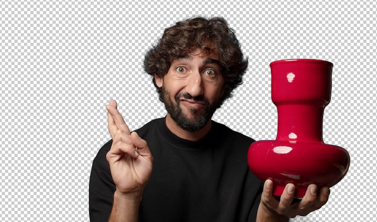 मुफ़्त PSD young bearded crazy man with an empty flower pot
