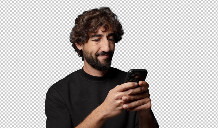 Free PSD young bearded crazy man with a smartphone