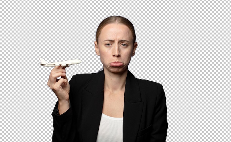 Бесплатный PSD молодая блондинка-бизнесменка с моделью самолета