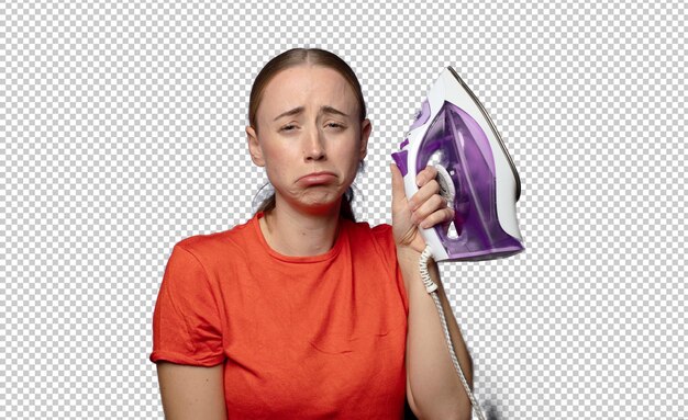 young blonde woman iron clothes concept