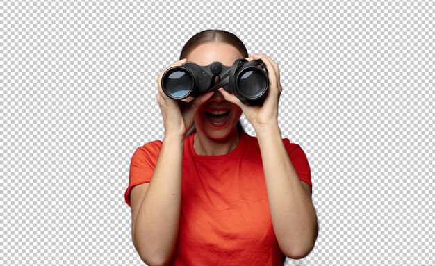 young blonde woman with binoculars
