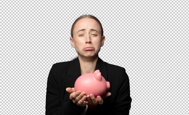 Free PSD young blonde woman with a piggy bank
