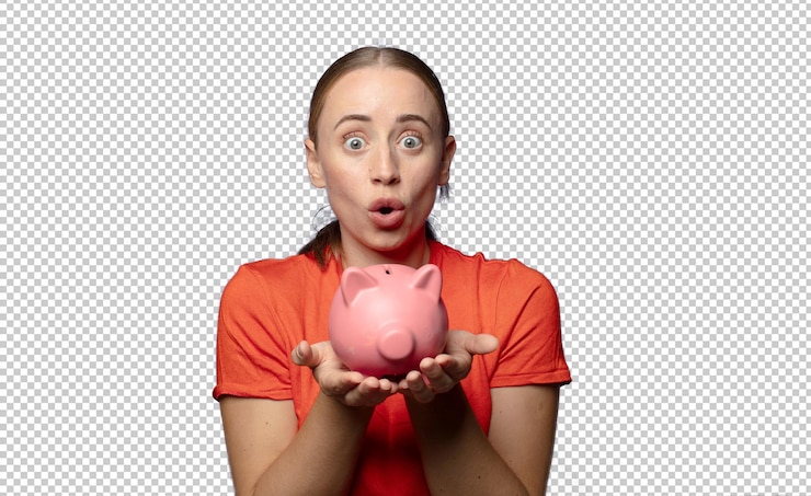 Free PSD young blonde woman with a piggy bank