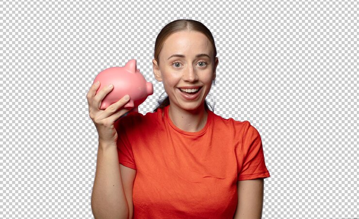 Free PSD young blonde woman with a piggy bank