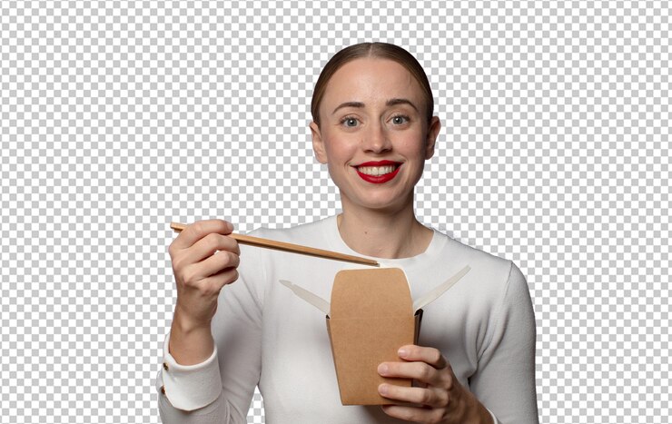 Free PSD young blonde woman with take away asian food