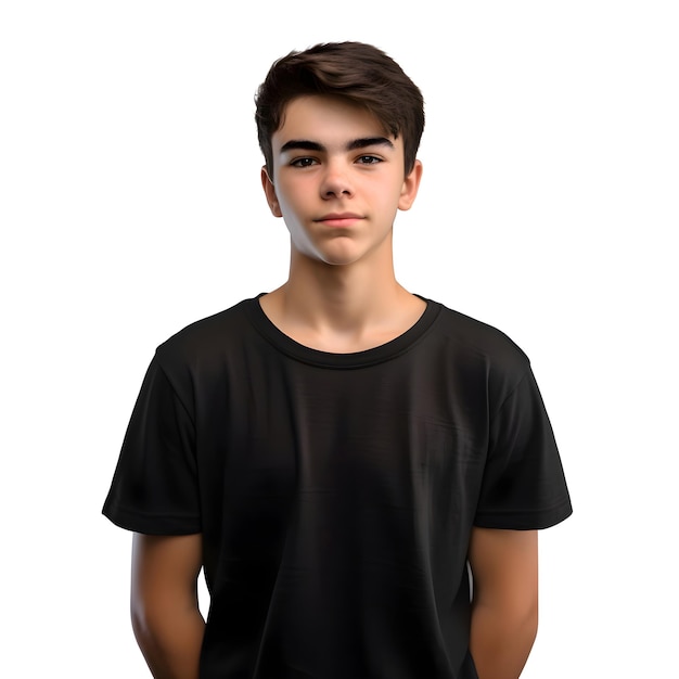 Бесплатный PSD Молодой мальчик в черной футболке и с грустным выражением лица на белом фоне