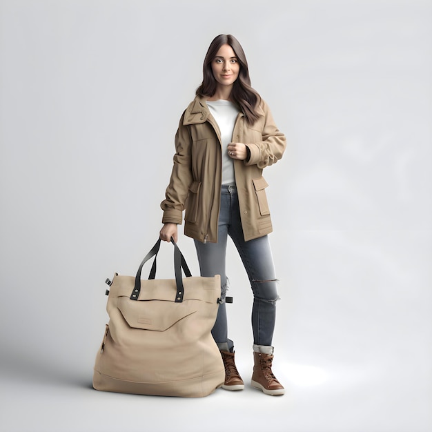 Young brunette woman in a trench coat with a bag on a gray background