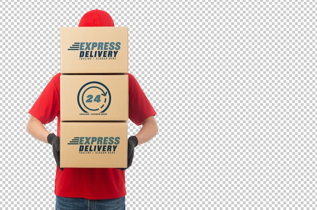 Young delivery man holding paper cardboard box mockup