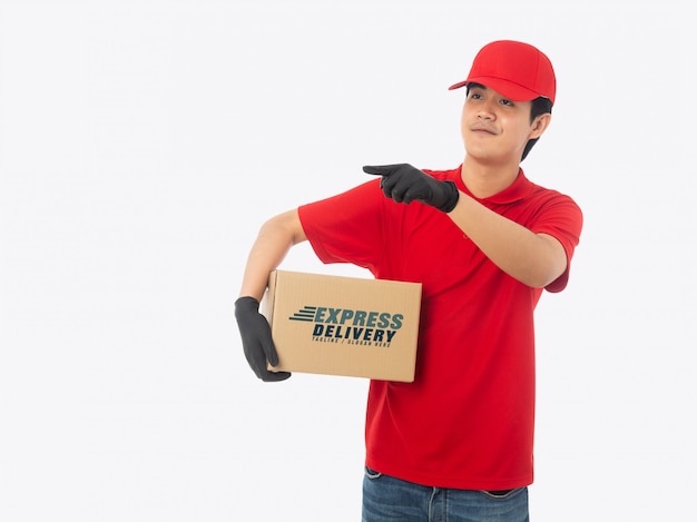 Young delivery man holding paper cardboard box mockup