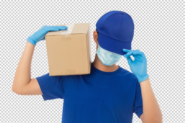 Young delivery man holding paper cardboard box mockup
