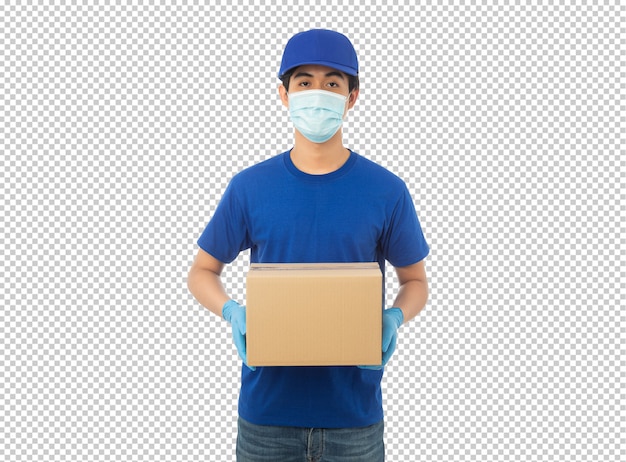 Young delivery man holding paper cardboard box mockup