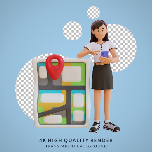 Free PSD young girl checking map using smart phone 3d character illustration