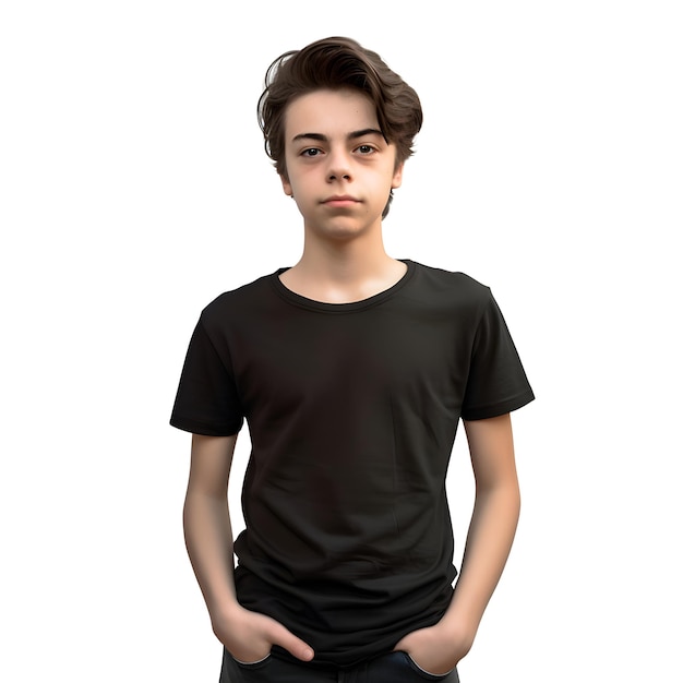 Young Man in Black T-Shirt Isolated on White Background