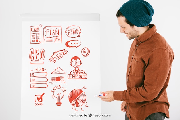 Free PSD young man at presentation with whiteboard