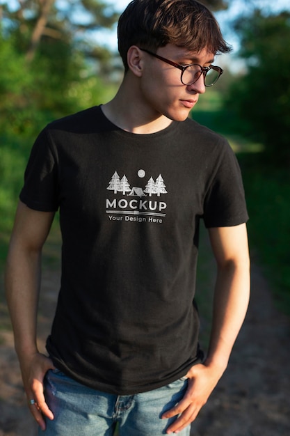 Young man wearing a mock-up t-shirt in the nature