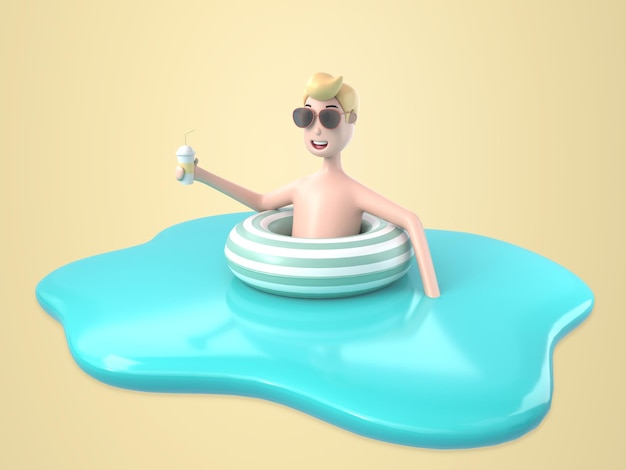 Free PSD young man wearing sunglasses on inflatable ring in swimming pool