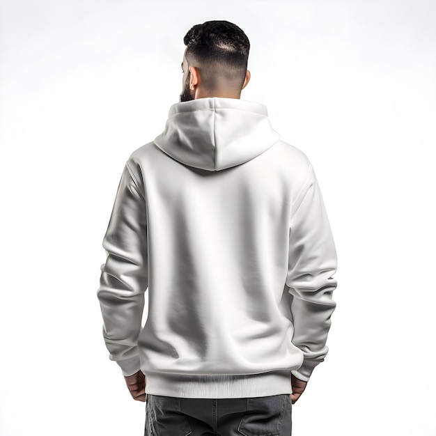 Young man in white sweatshirt on white background back view