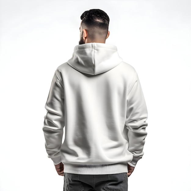 Young man in white sweatshirt on white background Back view