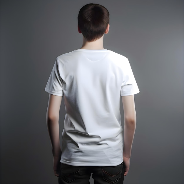 Young man in white t shirt on a gray background back view