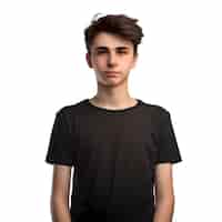 Бесплатный PSD Молодой человек в черной футболке стоит и смотрит на камеру, изолированную на белом фоне