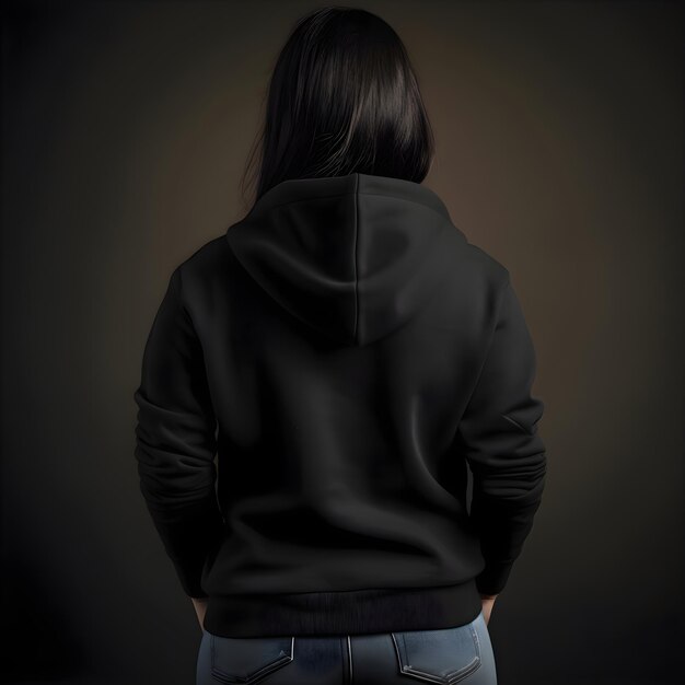 Free PSD young woman in black hoodie on dark background rear view