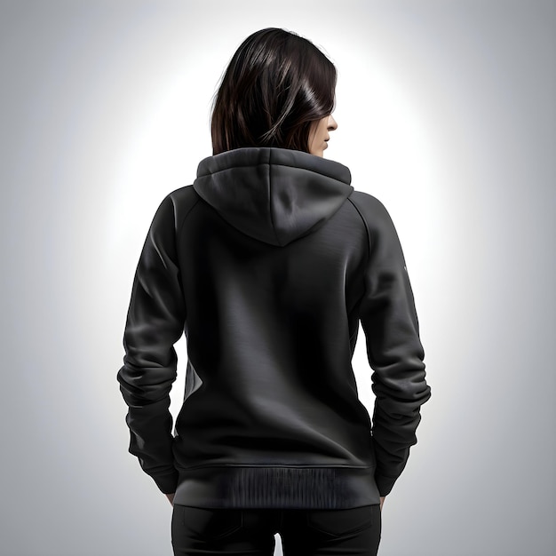 PSD gratuito giovane donna con cappuccio nero su sfondo grigio vista posteriore