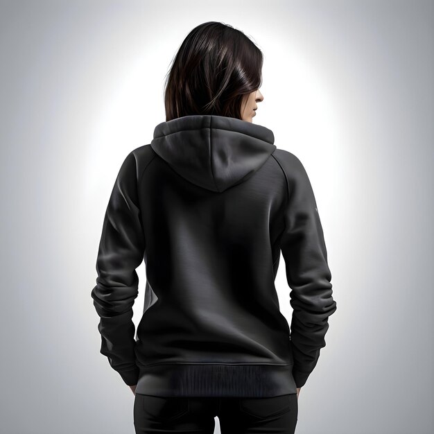 Young woman in black hoodie on grey background Rear view