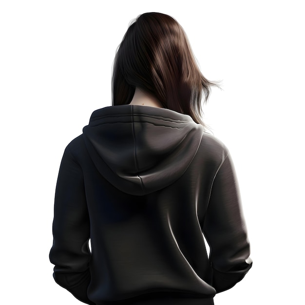 Giovane donna con cappuccio nero isolata su sfondo bianco vista posteriore