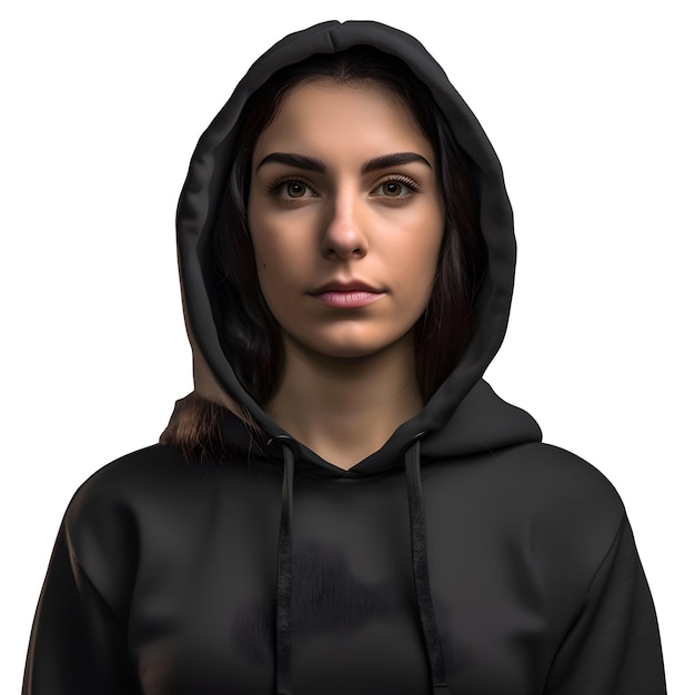 Free PSD young woman in black hoodie on white background with clipping path