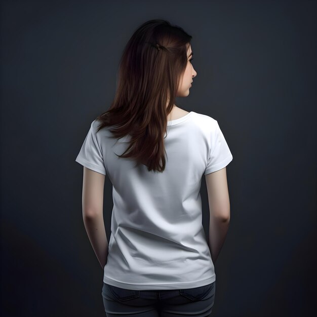 Free PSD young woman in blank white t shirt on dark background mock up