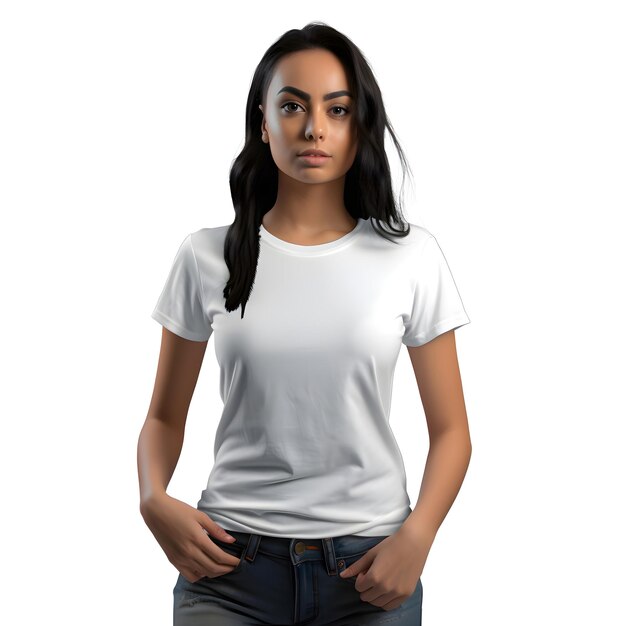 白い背景に隔離された白いTシャツを着た若い女性