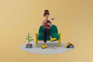 Бесплатный PSD Молодая женщина болтает по смартфону, сидя на стуле на изолированном фоне 3d иллюстрация герои мультфильмов
