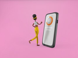 Giovane donna che esercita allenamento e utilizza lo smartphone su sfondo isolato illustrazione 3d del concetto di yoga e fitness per lo sport personaggi dei cartoni animati