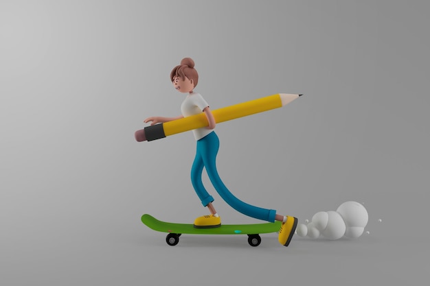 격리 된 배경 교육 개념 3d 그림 만화 캐릭터에 스케이트 보드에 연필을 들고 젊은 여자
