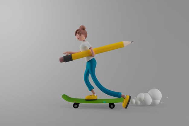 Young woman holding pencil on skateboard on isolated background Education concept 3d illustration Cartoon characters