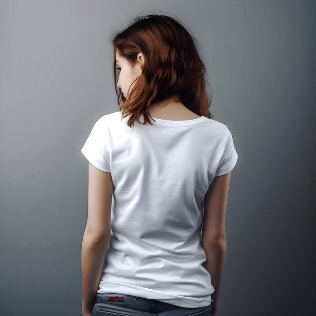 無料PSD 灰色の背景に白いtシャツを着た若い女性 モックアップ