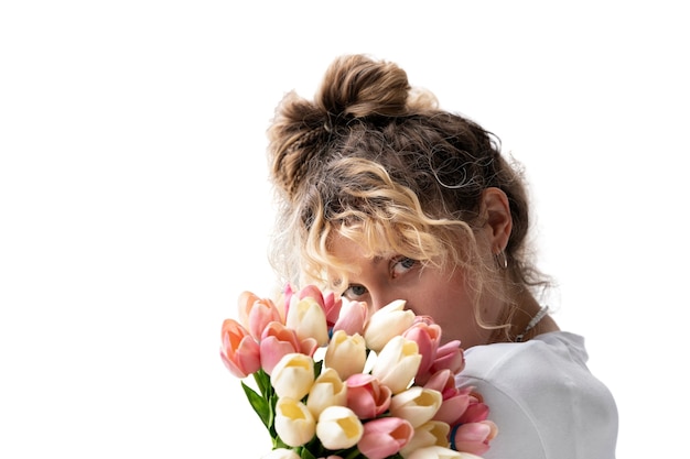 Free PSD young woman wearing messy bun hairstyle