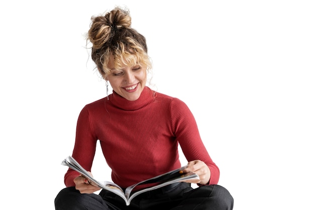 Free PSD young woman wearing messy bun hairstyle