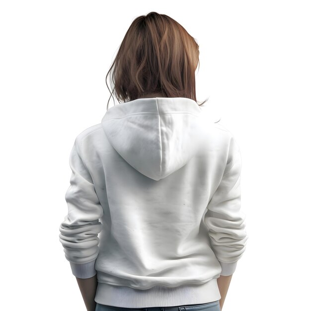 Молодая женщина в белом капюшоне с задним видом изолирована на белом