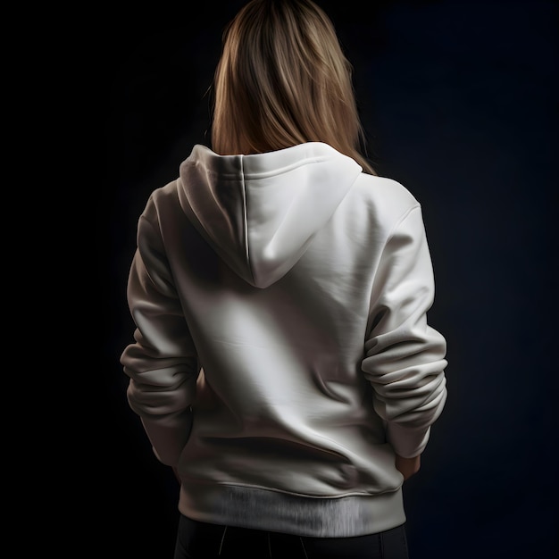 Youthful Woman in White Hoodie on Black Background Back View