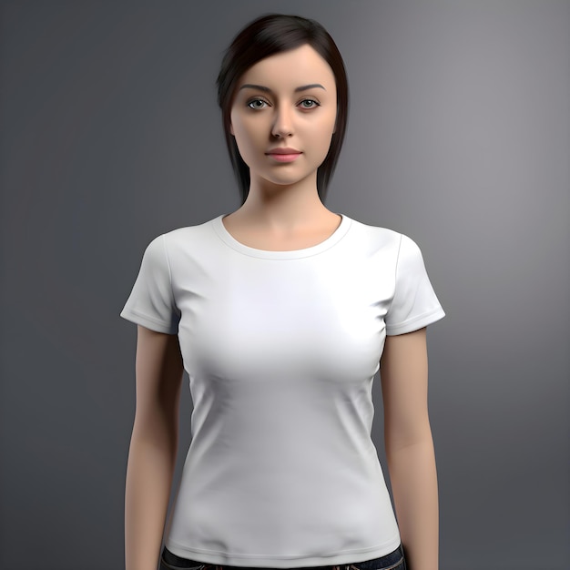 Free PSD young woman in white t shirt on grey background 3d rendering