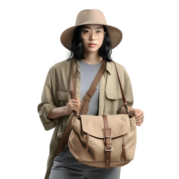 Young woman with backpack and hat isolated on white background asian female model