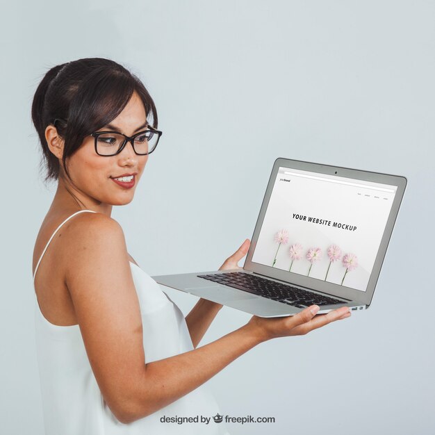 young woman with laptop's mock up