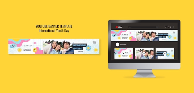 PSD gratuito modello di banner di youtube per la celebrazione della giornata internazionale della gioventù