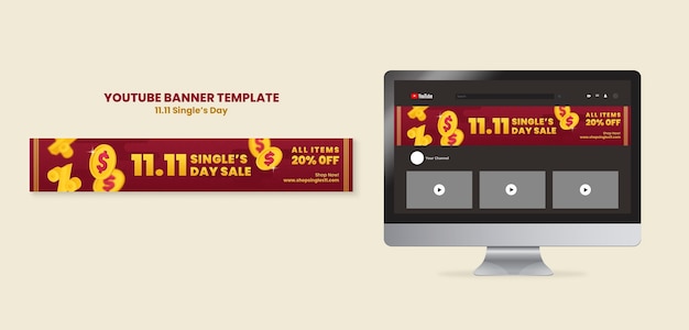 Free PSD youtube banner template for single's day sales with coins and dollar sign