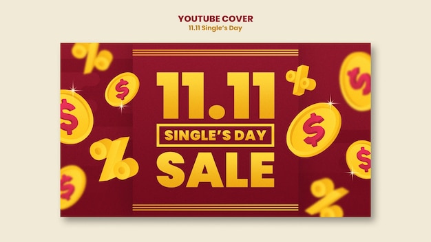Бесплатный PSD Шаблон обложки youtube для однодневных распродаж с монетами и знаком доллара