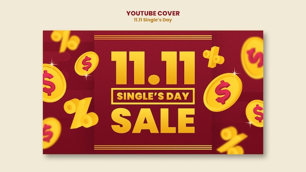 Free PSD youtube cover template for single's day sales with coins and dollar sign