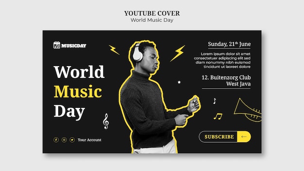 PSD gratuito modello di copertina di youtube per la celebrazione della giornata mondiale della musica